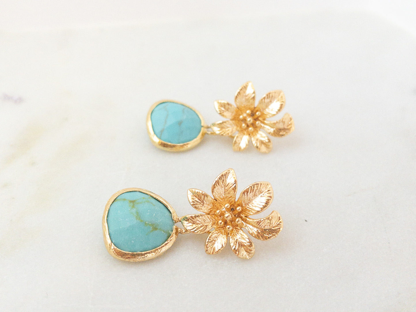 Gold Clematis Flower Earrings with Turquoise Stones