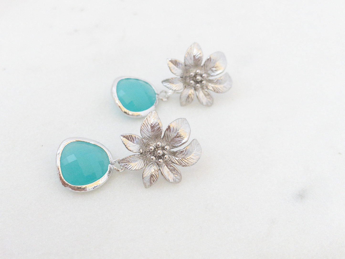 Silver Clematis Flower Earrings with Blue Crystals