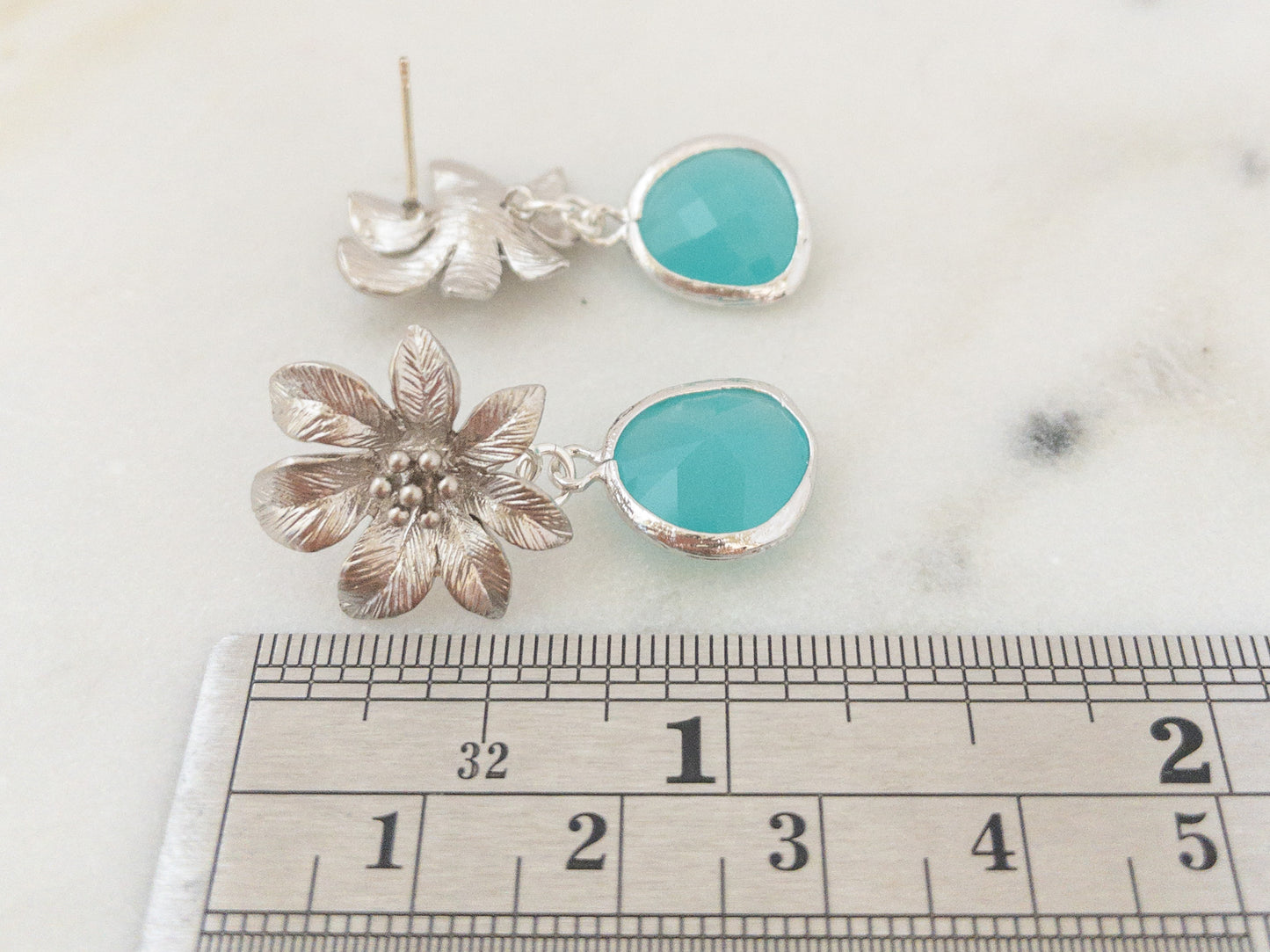 Silver Clematis Flower Earrings with Blue Crystals