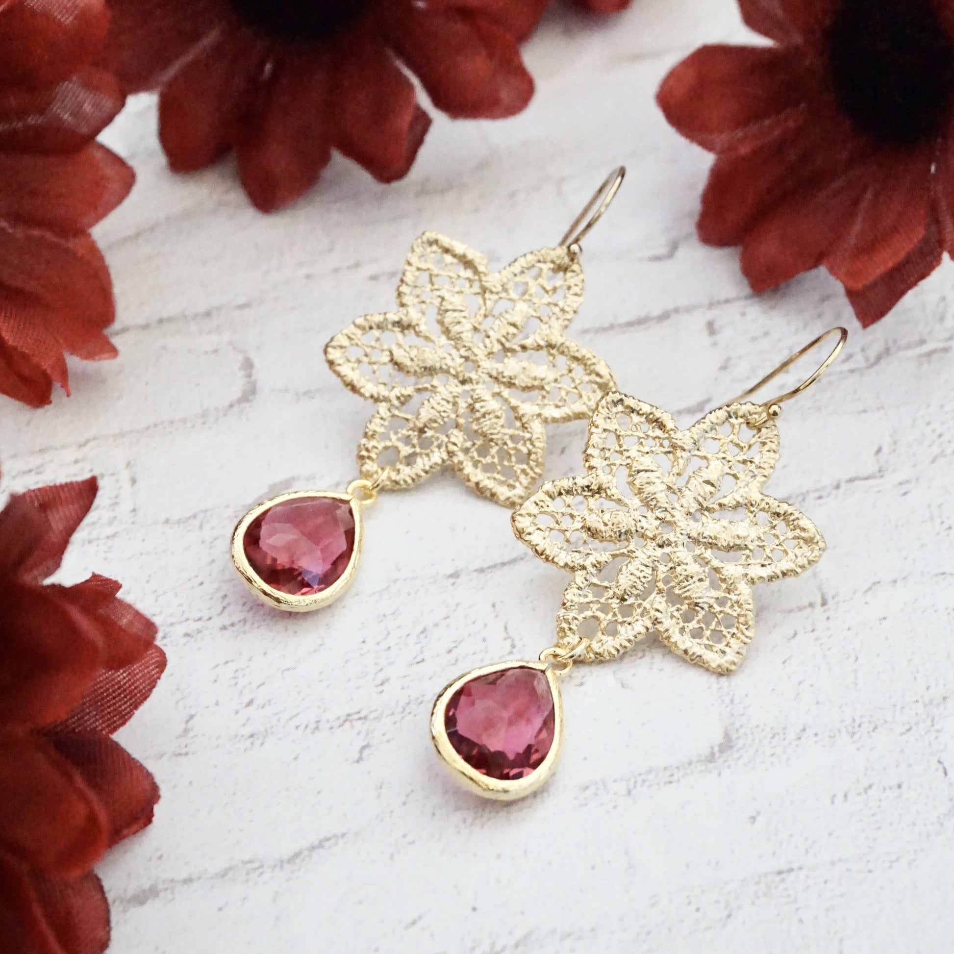 Poinsettia Earrings with Red Crystal Stones