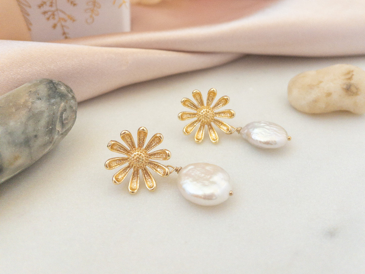 Dainty gold daisy flower post earrings with freshwater pearls by YSM Designs