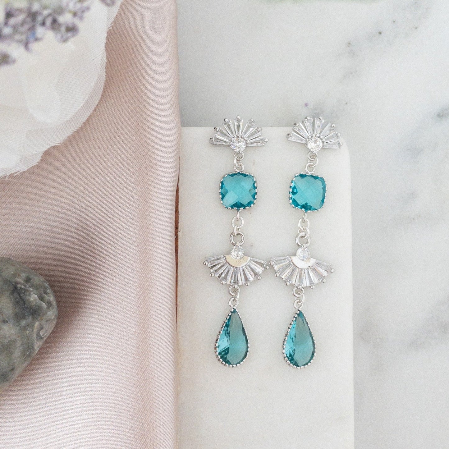 The Evelyn Earrings - Silver/Teal Stones
