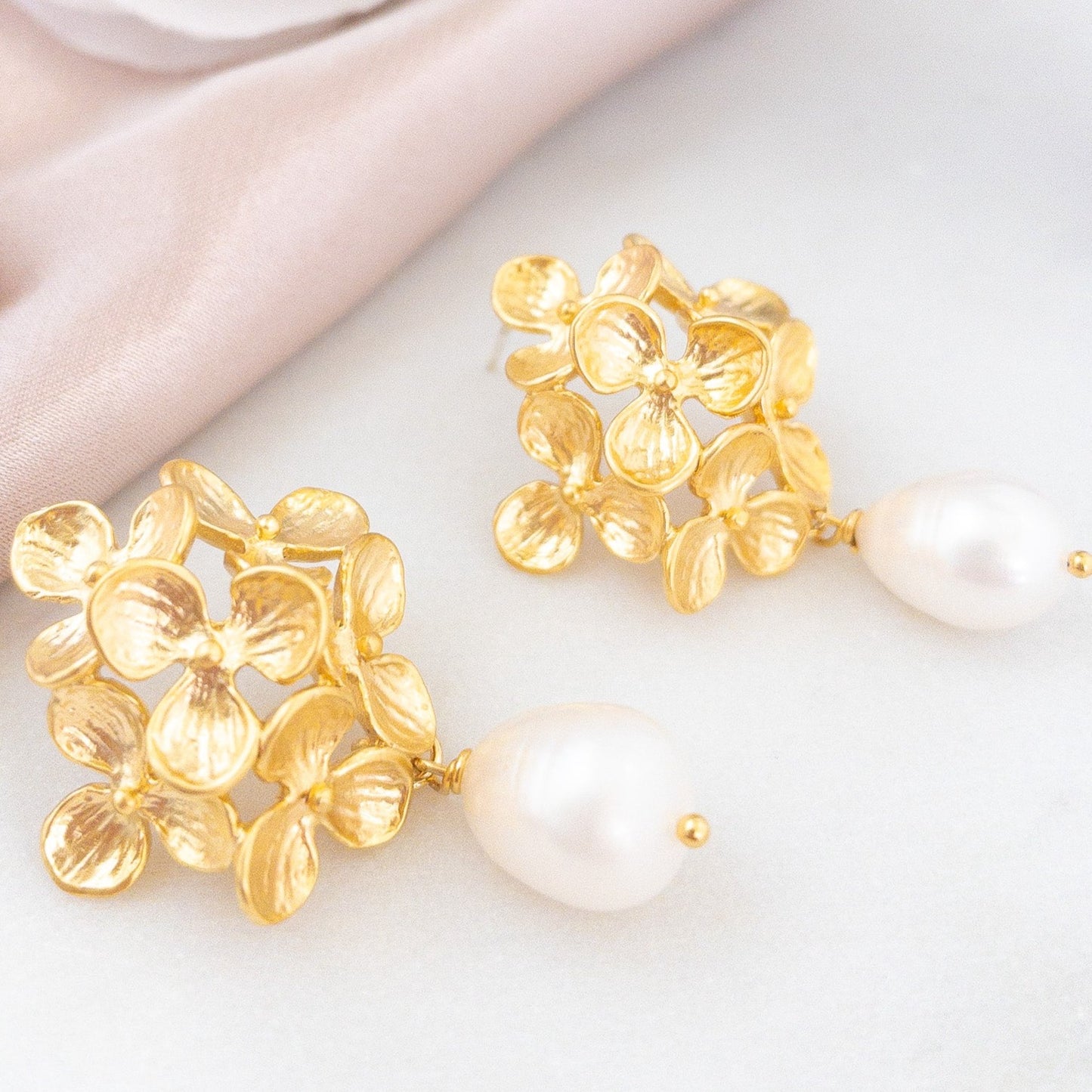 Hydrangea Flower Earrings with Freshwater Pearls