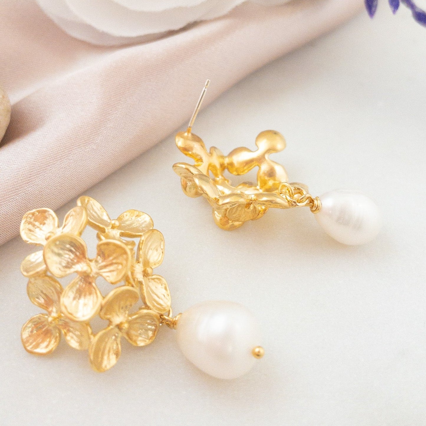 Hydrangea Flower Earrings with Freshwater Pearls