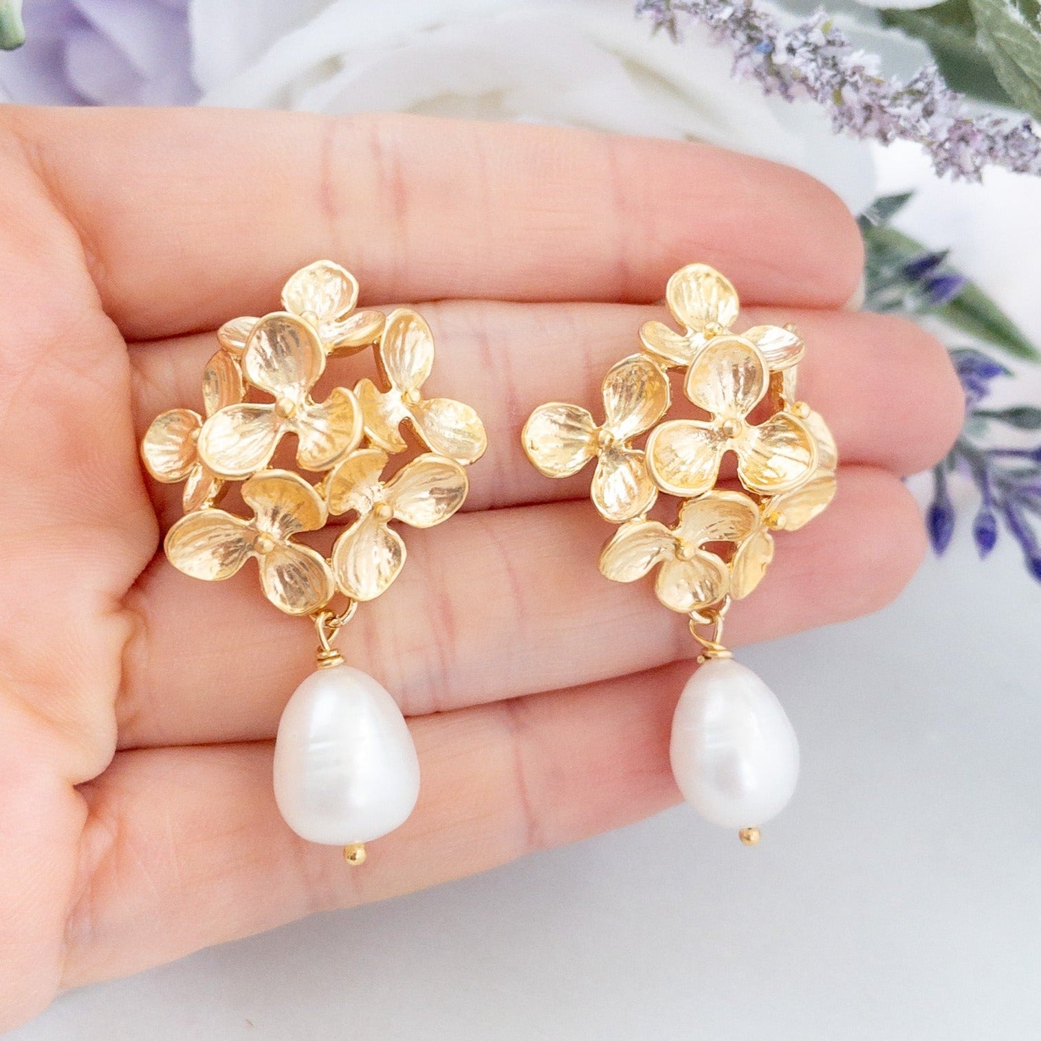 Gold hydrangea flower earrings with pearls