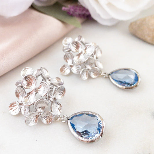 Hydrangea Flower Earrings with Crystal Stones
