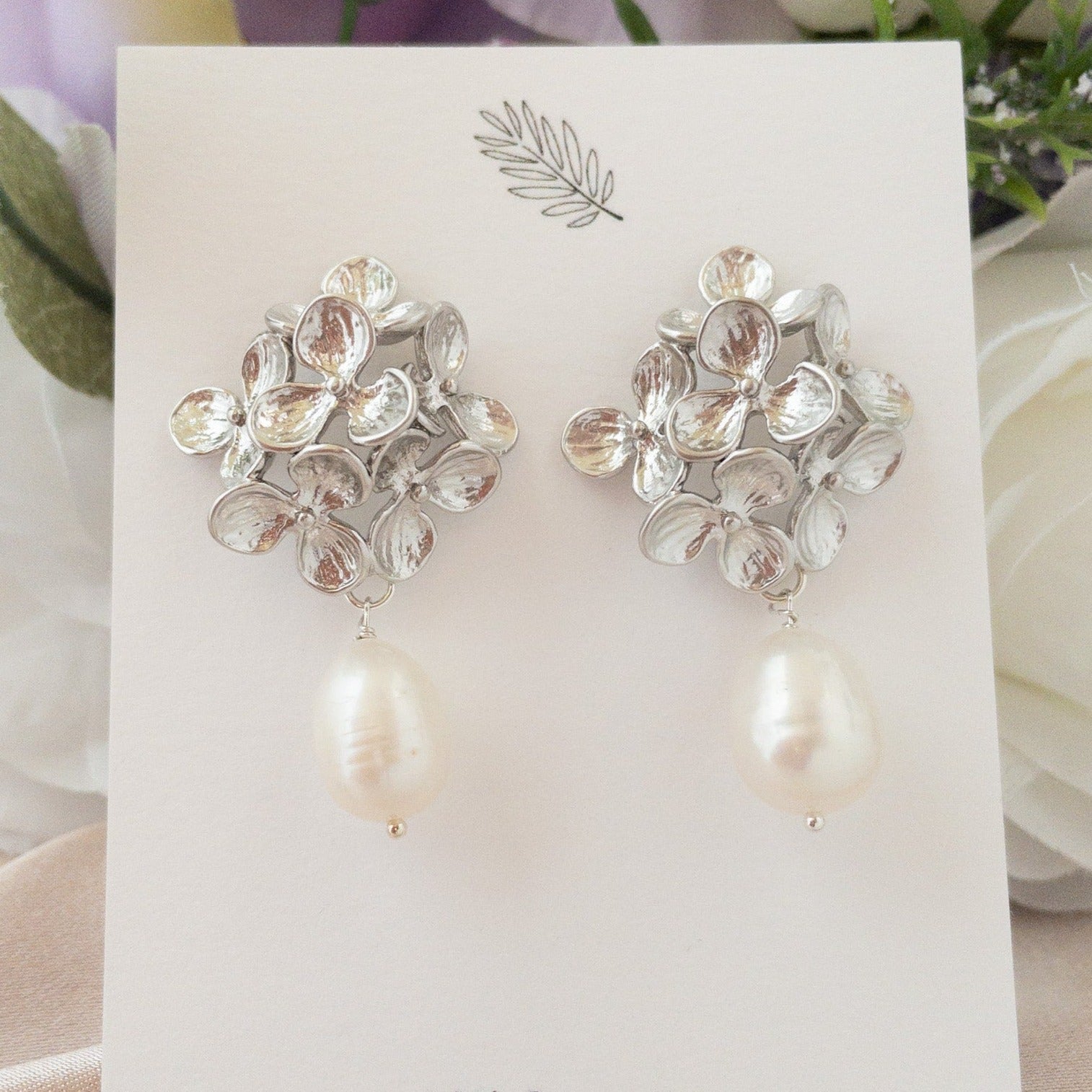Silver Flower Bouquet Earrings with white pearl stones