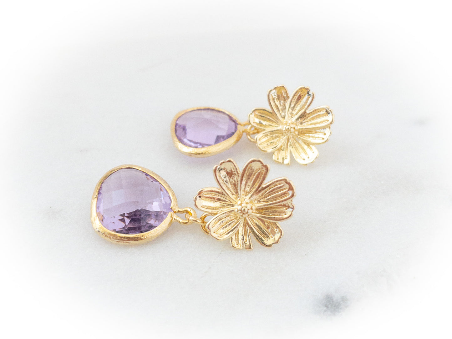 Gold Sakura Earrings with Lilac Crystals