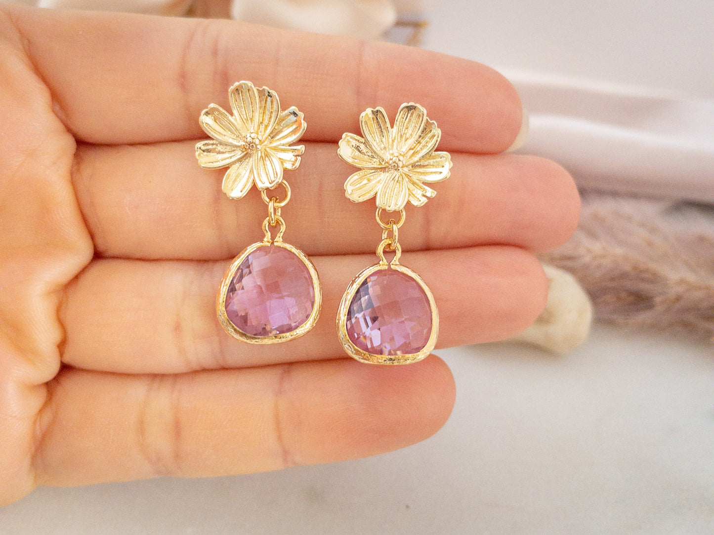 Gold Sakura Earrings with Lilac Crystals