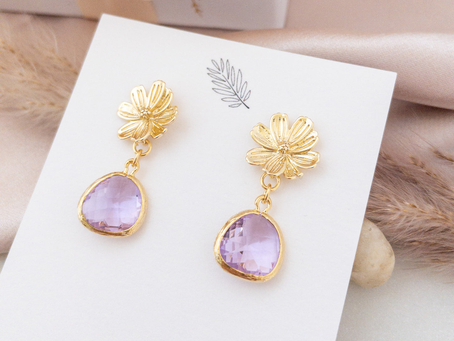 Gold Sakura Earrings with Lilac Crystals