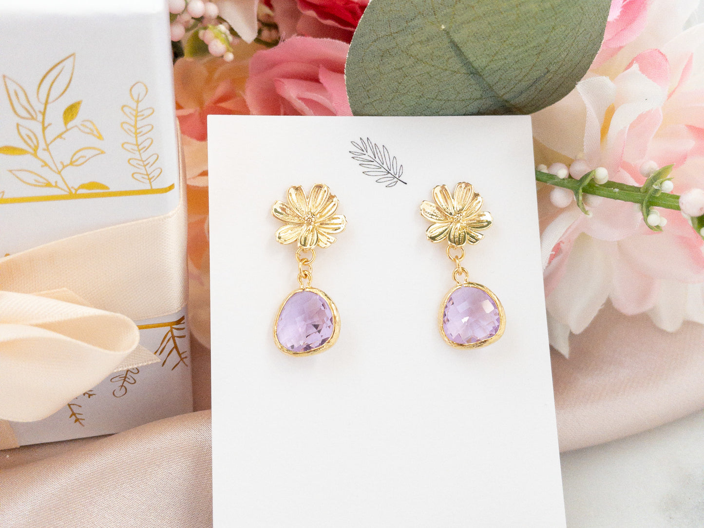 Gold Sakura Earrings with Lilac Crystals