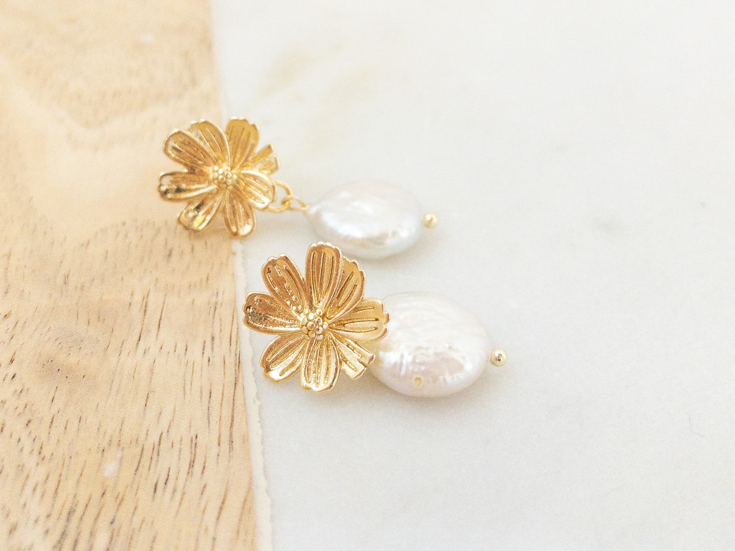 Gold Sakura Earrings with Pearls