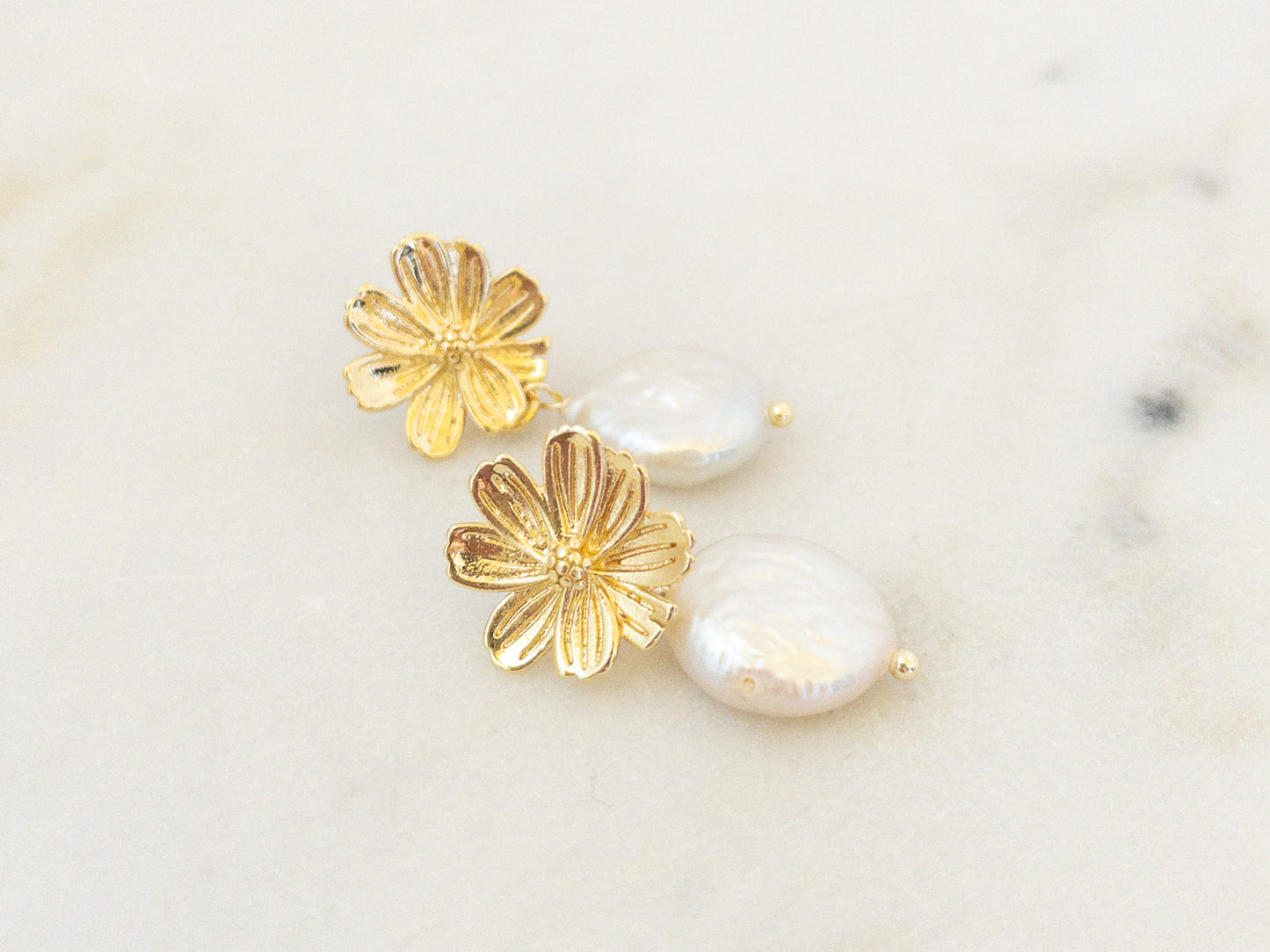Gold Sakura Earrings with Pearls