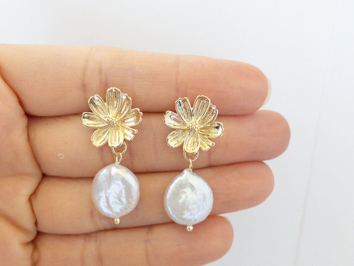 Gold Sakura Earrings with Pearls