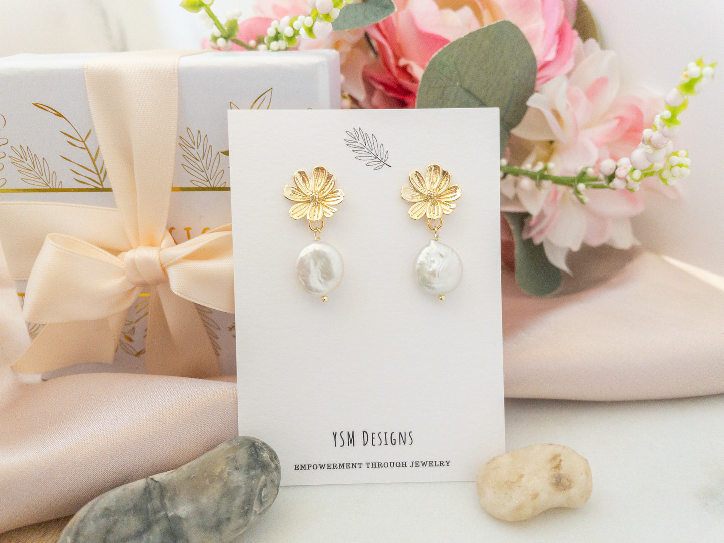 Gold Sakura Earrings with Pearls