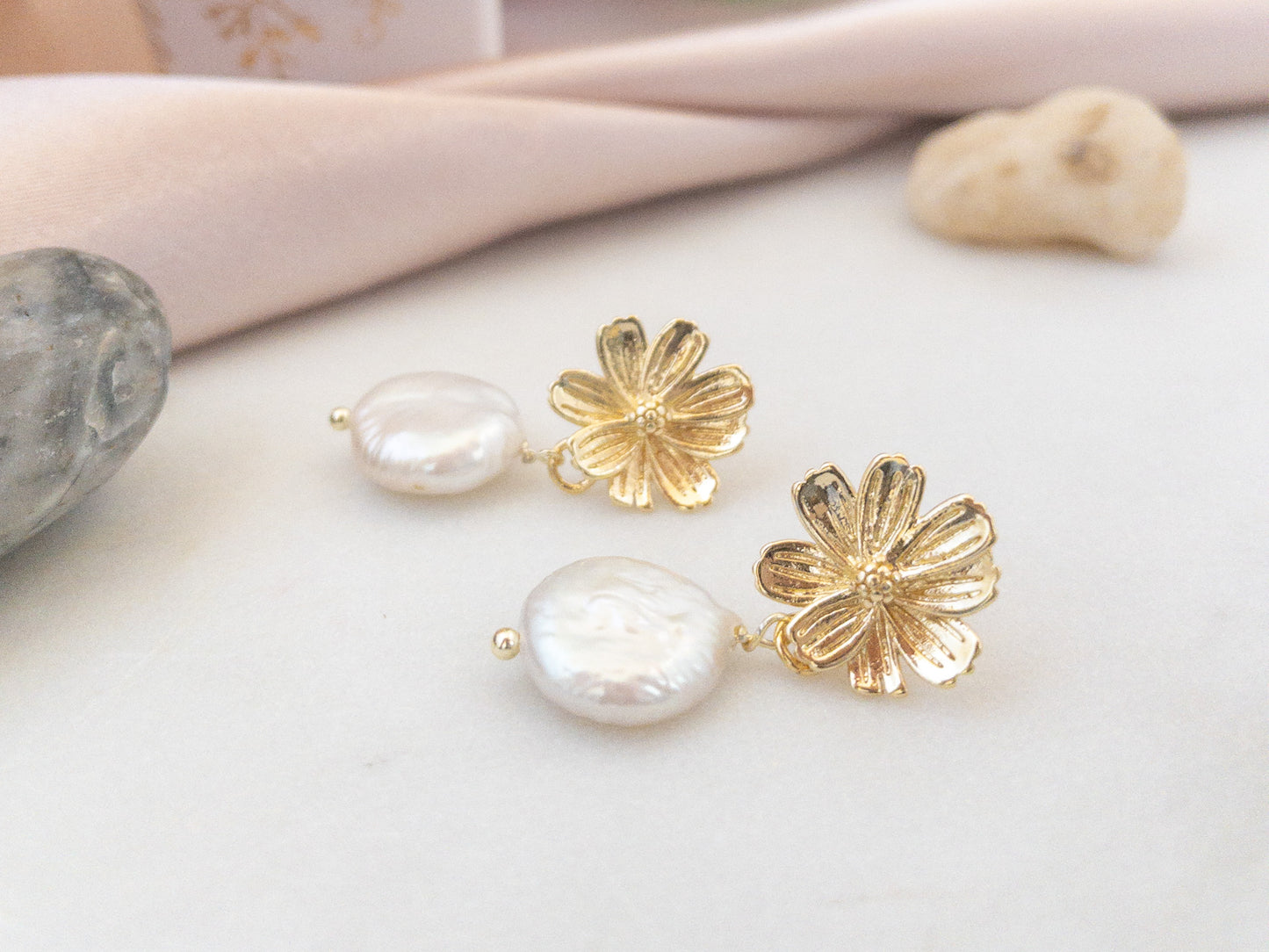 Gold Sakura Earrings with Pearls